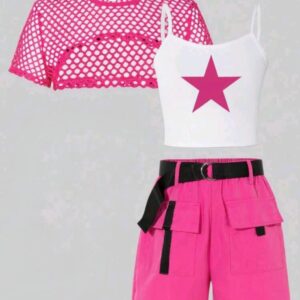 סט מכנס ורוד וגופיה לבנה עם כוכב ורוד + חולצת רשת מעל